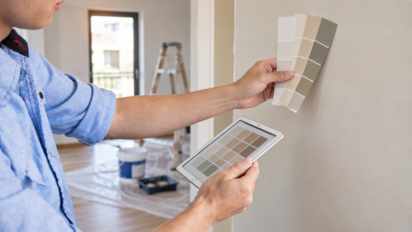 El mismo profesional compara las muestras de color en una vivienda reformada
